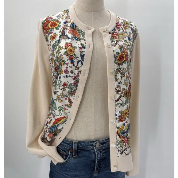 Tory Burch Silk Front Wool Cardigan Sweater Floral Peacock Cream Button-up READ - Picture 14 of 16